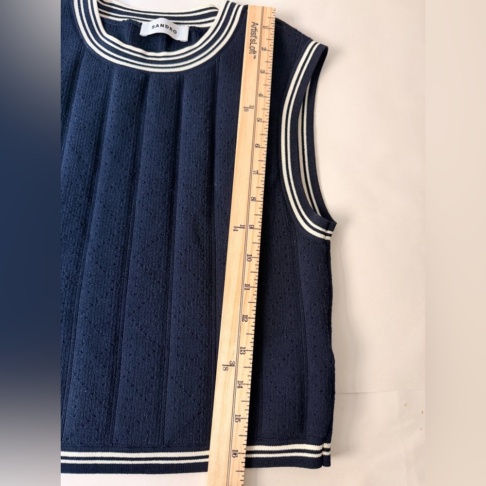 Sandro Navy Knit Sweater Vest Top | Striped Trim Designer Blouse Layering Piece - Picture 6 of 7